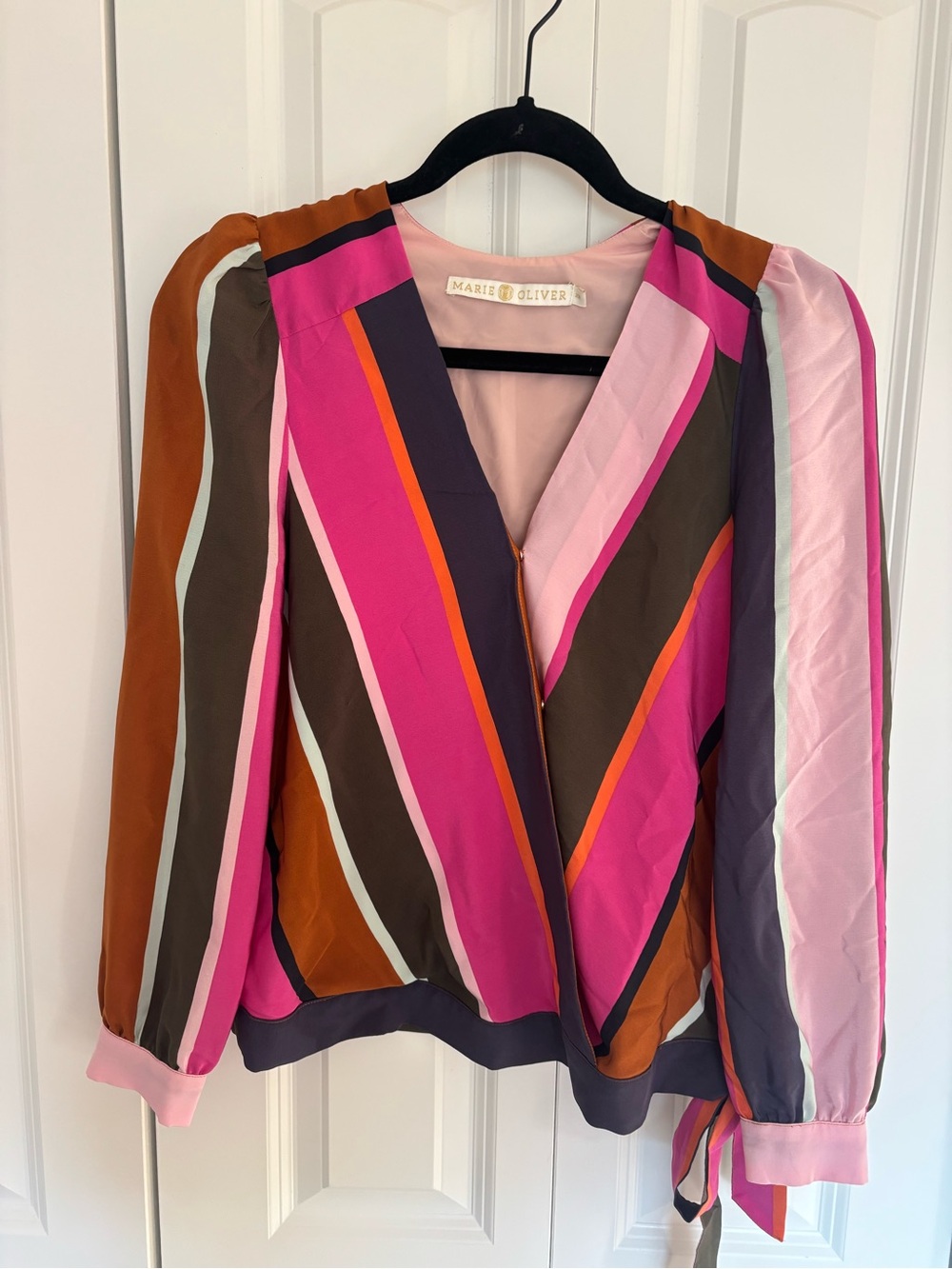 Marie Oliver Pink Rust Multi-Stripe Wrap 100% Silk Blouse